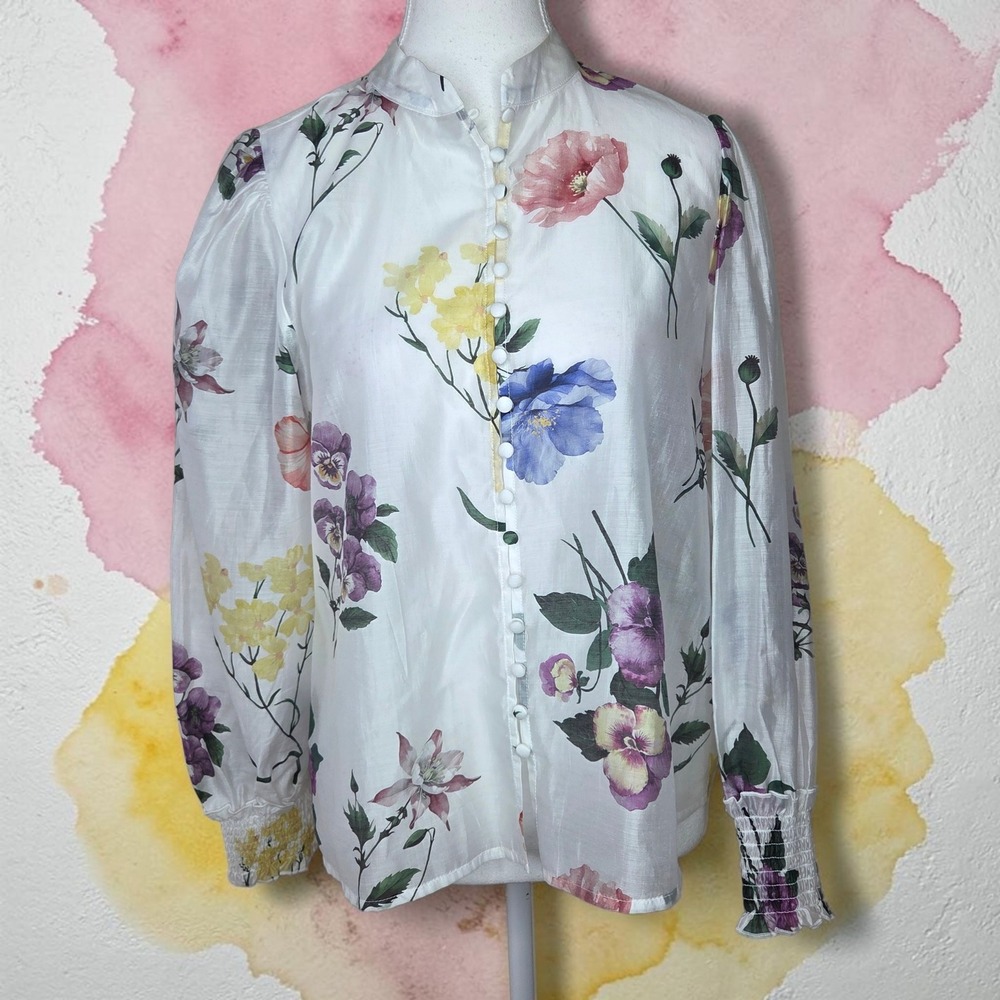Bailey 44 Floral Button Down Blouse White Smocked Cuff Long Sleeve Small